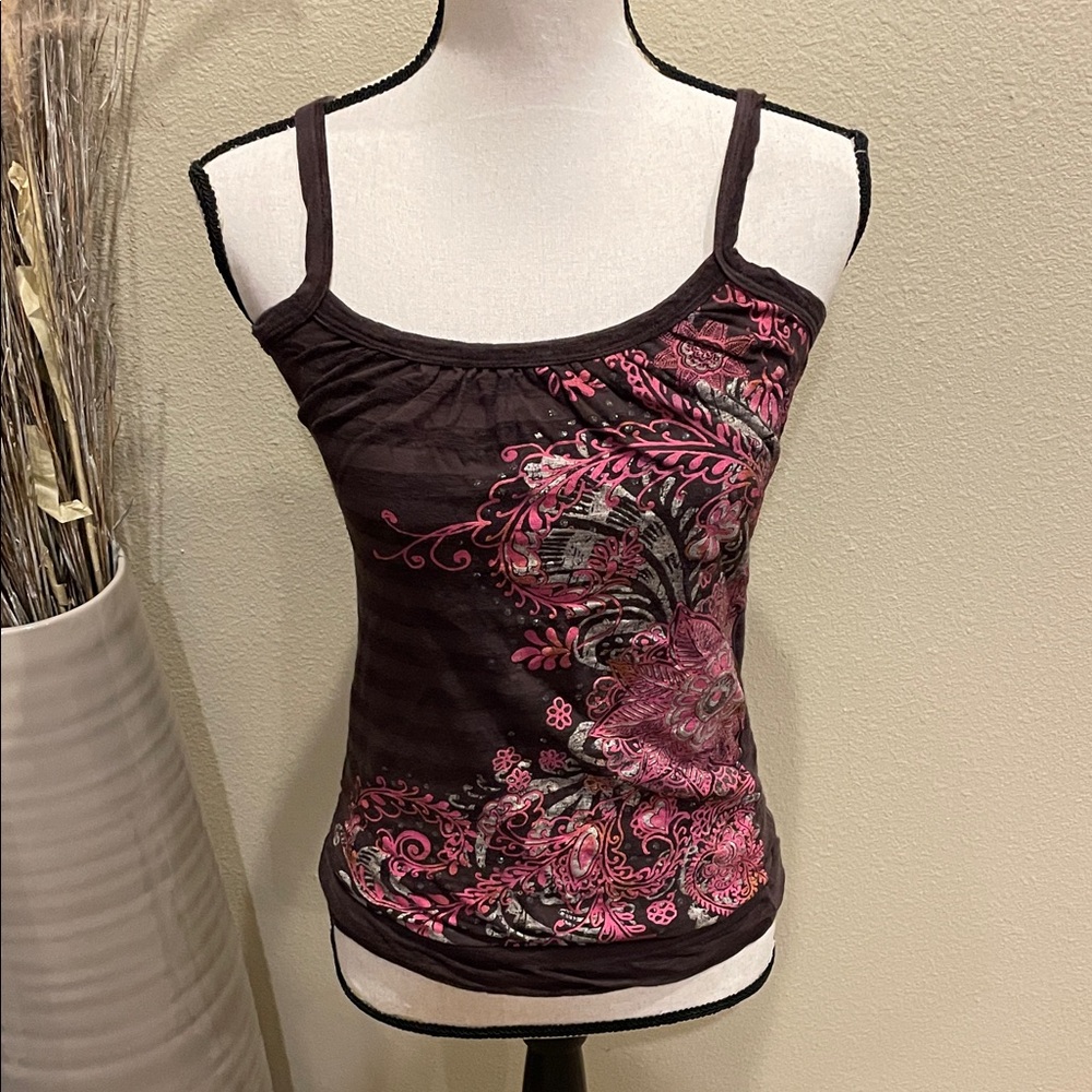 Y2K Fairycore Babydoll Grunge Vanity Pink Brown Floral Sparkle Camisole Top S